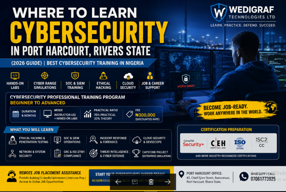 Wedigraf Technologies Cybersecurity Training in Port Harcourt, Rivers State. It highlights the 2026 guide for ethical hacking, SOC operations, and CompTIA Security+ certification training in Nigeria.