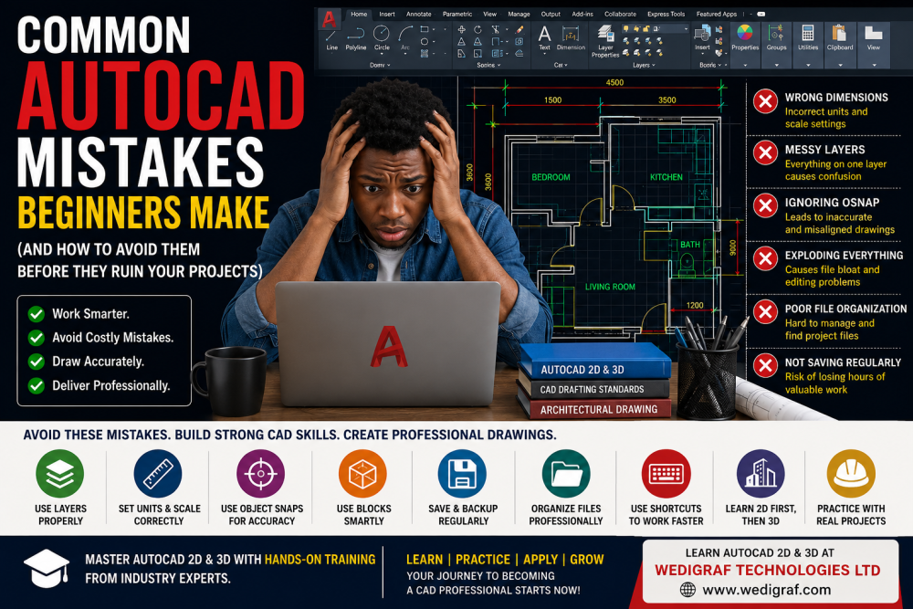 A beginner AutoCAD designer looking frustrated while working on a CAD floor plan in AutoCAD software, highlighting common AutoCAD mistakes such as wrong dimensions, messy layers, incorrect scaling, poor file organization, ignoring object snaps, and not saving files regularly, alongside professional AutoCAD 2D and 3D drafting workflow tips for architectural, engineering, and CAD design training.