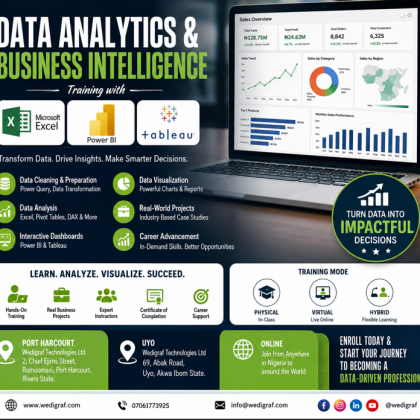 Data Analytics & Business Intelligence Training with Microsoft Excel, Power BI & Tableau at Wedigraf Technologies Ltd – Physical classes in Port Harcourt and Uyo, Virtual and Hybrid training with hands-on dashboard, data visualization and business intelligence projects.