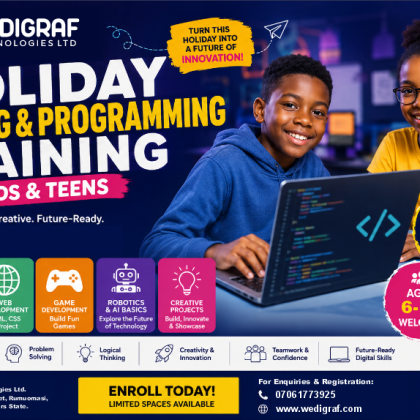 Children learning coding and programming during the Holiday Tech Training for Kids and Teens at Wedigraf Technologies Ltd in Port Harcourt, Rivers State, featuring Python, web development, game development, robotics, and AI for ages 6 to 18.